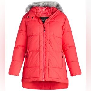 Big Chill Vibrant Coral Puffer Jacket with Grey Fur Hood NWT Women’s Medium